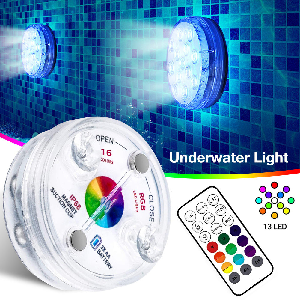 13 Led Submersible Light for Swimming Pool Garden Fountain Bathroom IP68 Waterproof Underwater Lamp with Suction Cup RF Remote - Gardening Grow